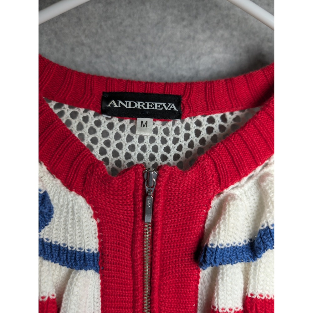 ANDREEVA Crochet Sweater Multi Color Ruffle Open Knit Zip Up Cardigan Medium - Picture 4 of 9